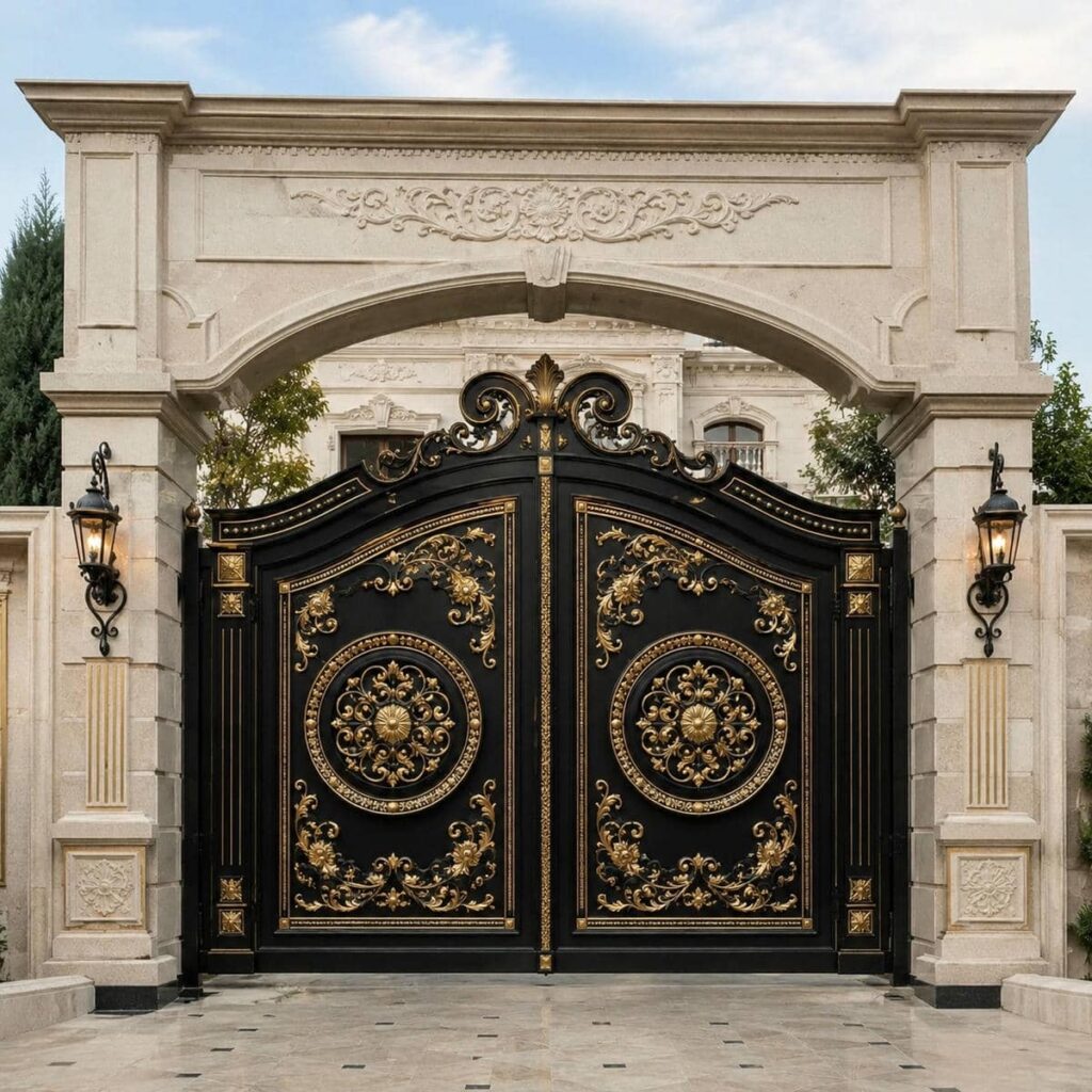 اجرای درب فلزی مشکی طلایی مناسب ورودی ویلا در یزد اجرای درب فلزی مشکی طلایی مناسب ورودی ویلا در یزد