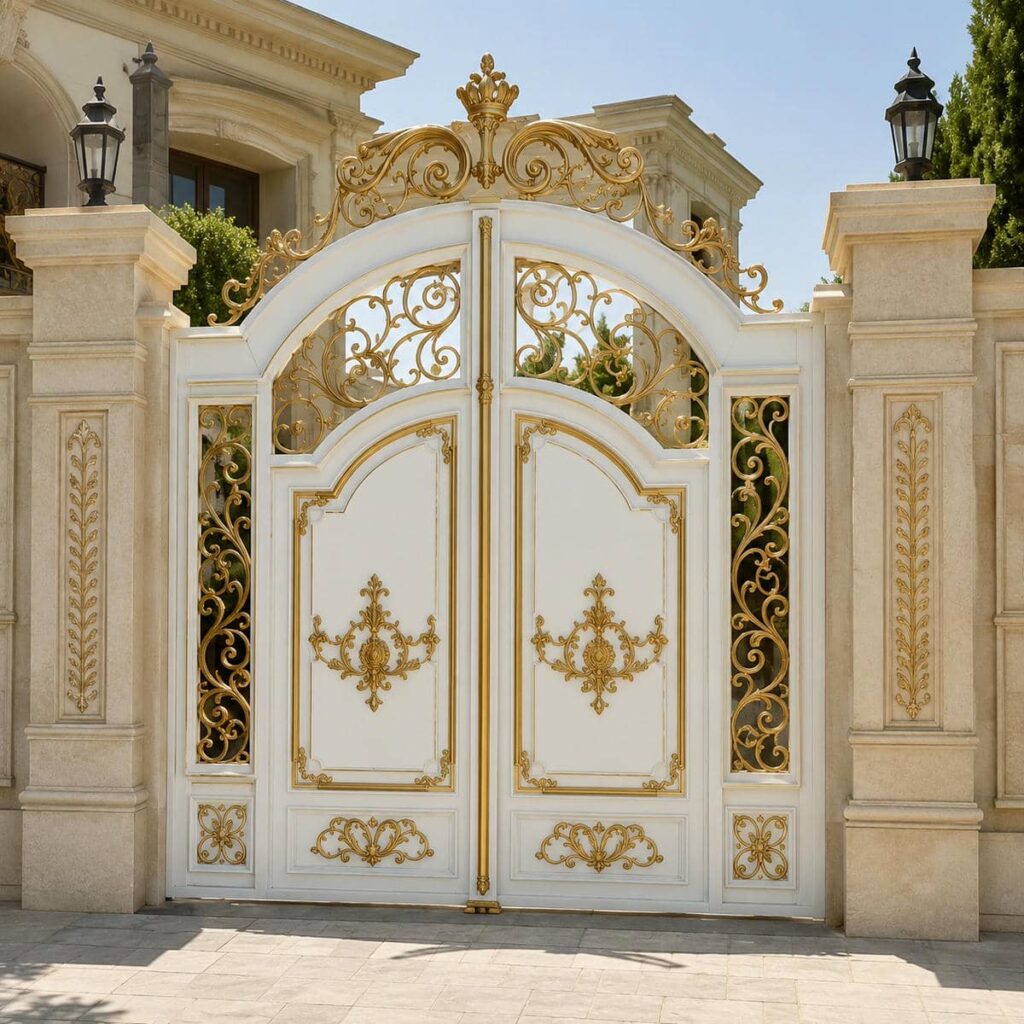 خدمات نصب درب حیاط سفید طلایی برای ساختمان در یزد