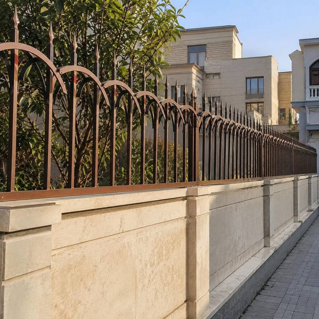 نرده روی دیوار فلزی کنار نمای فرفورژه یزد